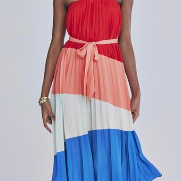 Gabrielle Union WOMEN'S Strapless Belted Midi Dress blue/white/coral MEDIUM - Picture 1 of 10